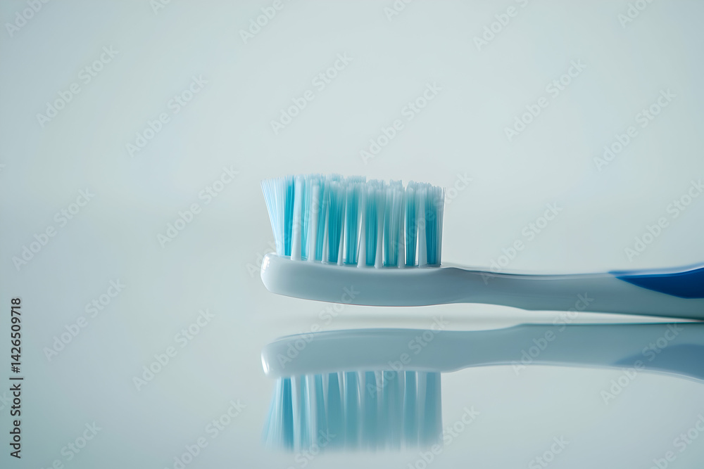 Close-up of a toothbrush with soft blue bristles on reflective surface Close-up of a toothbrush with soft blue bristles on reflective surface