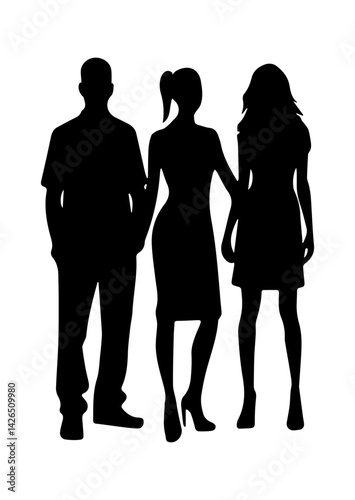 Silhouetted figures of a man and two women exuding confidence and style against a plain background.