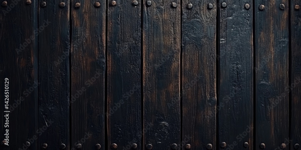 Obraz premium Dark Brown Weathered Wooden Planks with Metal Rivets