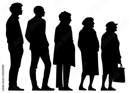 Silhouettes of diverse individuals, showcasing different ages and genders in a striking, minimalistic black and white style.