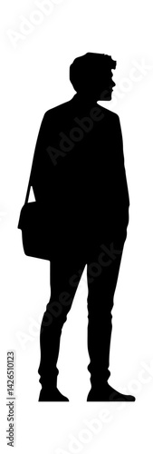 Silhouette of a young male figure standing confidently, with a bag slung over his shoulder.