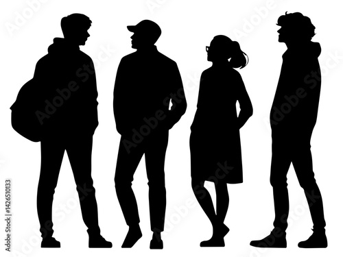 Four silhouetted figures, representing diverse individuals in casual attire, engaged in conversation against a stark white background.