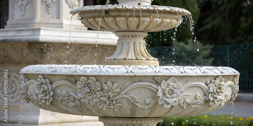Ornate White Stone Fountain Detail with Floral Carvings