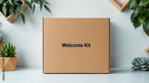 A stylish welcome kit box displayed with decorative plants, featuring a clear 