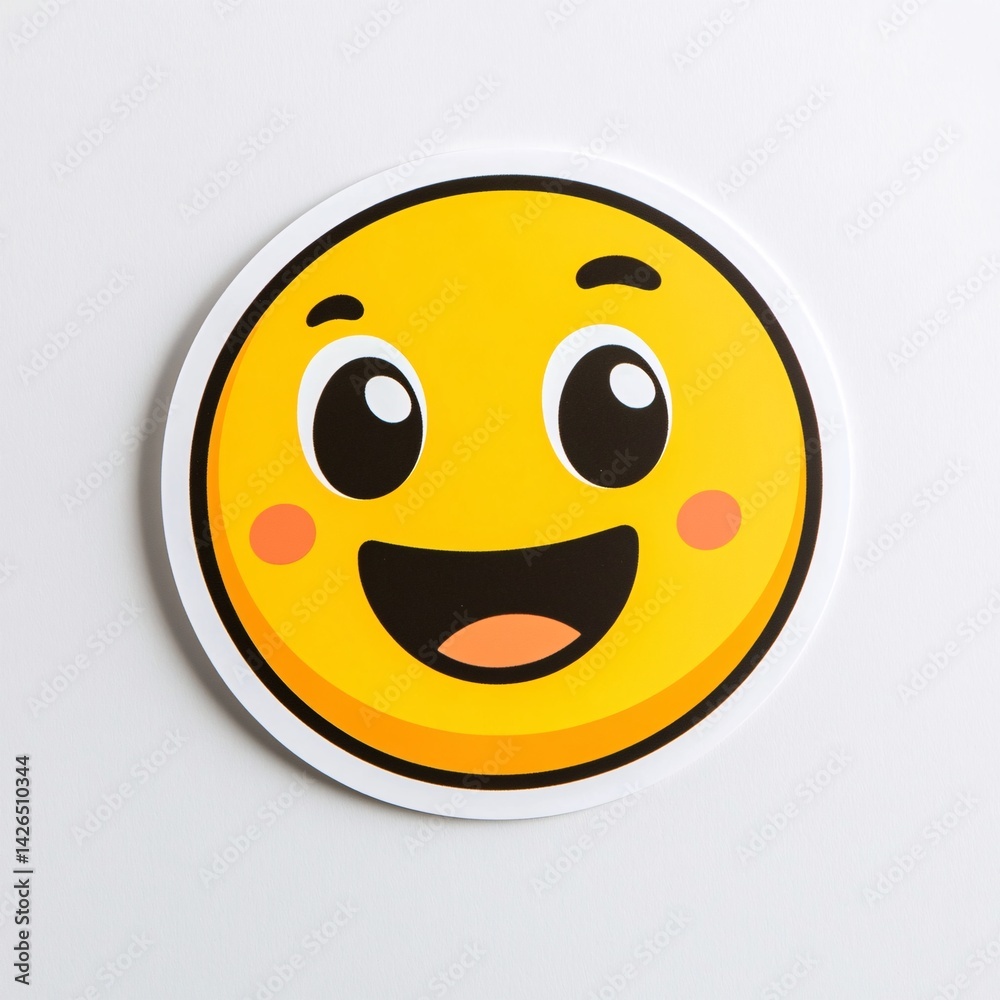 Fototapeta premium Bright Yellow Smiley Face Sticker with Blushing Cheeks and Cute Open Smile