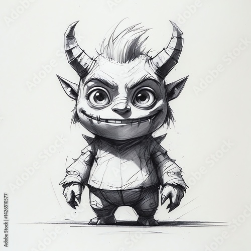 A mischievous imp with horns, a playful grin and expressive eyes. A charming character design sketch in grayscale.