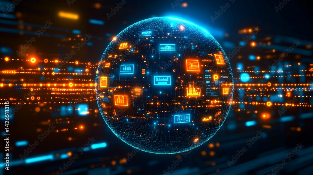 Glowing sphere with interface elements data streams Futuristic technology background with vivid illumination Glowing sphere with interface elements data streams Futuristic technology background with vivid illumination