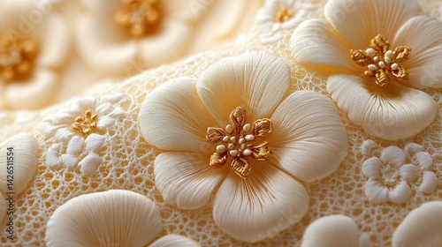 Exquisite Creamy Floral Embroidery with Golden Details on Delica