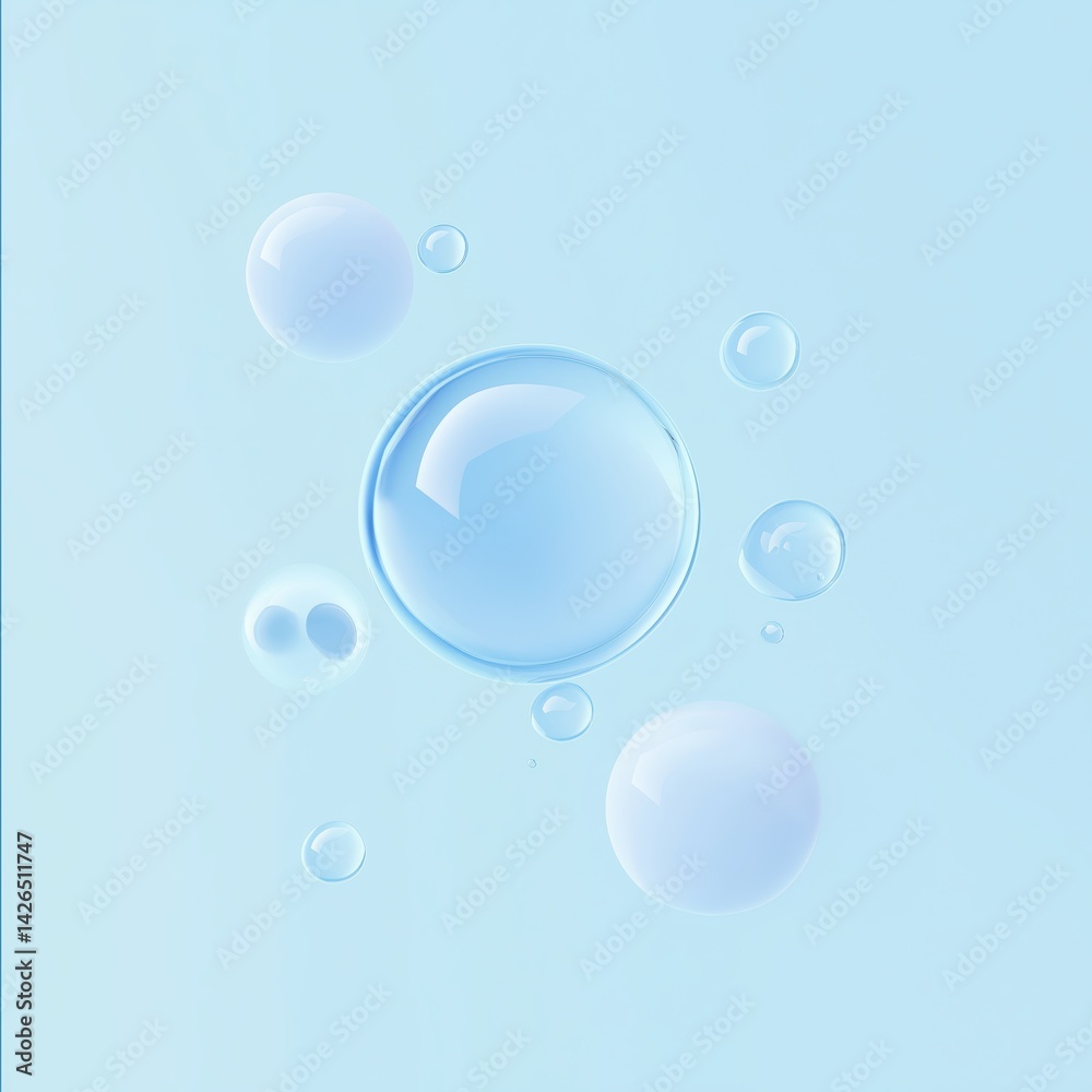 Fototapeta premium Floating Blue Bubbles on Light Blue Background with Glossy Shine