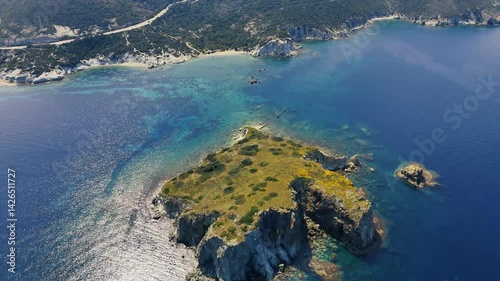 Breathtaking Aerial View of Foca Coastline Embracing Turquoise Aegean Sea in Izmir, Turkiye