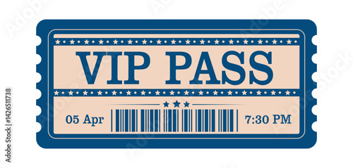 VIP pass ticket vector flat in vintage style, simple style, blue and cream color palette
