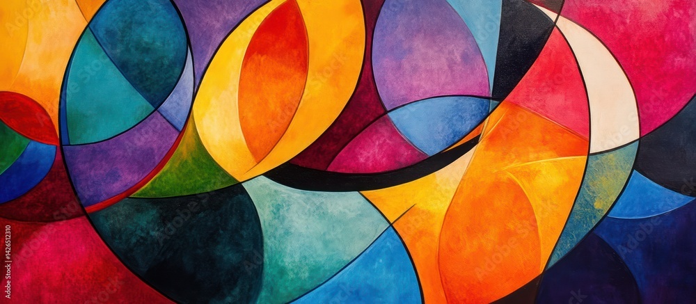 A vibrant abstract painting composed of intersecting, colorful shapes. A vibrant abstract painting composed of intersecting, colorful shapes.