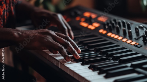 Hands playing the keys of a piano, with fingers pressing down on white and black keys 