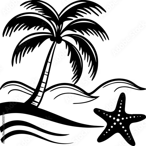 Palm tree on a tropical island with sea and water waves, nature-themed SVG with clean lines. Tropical Beach Scene with Palm Tree and Starfish Outline