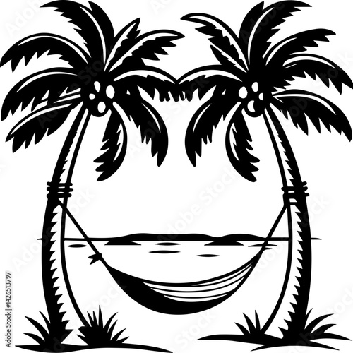 Palm tree on a tropical island with sea and water waves, nature-themed SVG with clean lines. Tropical Relaxation Scene with Palm Trees and Hammock