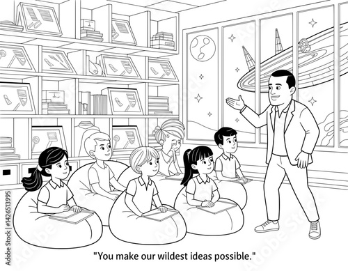 A black and white illustration depicts a teacher addressing a group of students in a unique, futuristic classroom setting