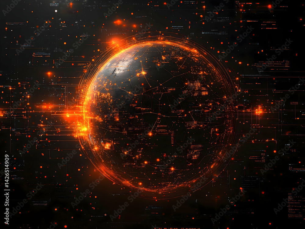 Fototapeta premium A glowing network planet with circuits and bright orange dots on a dark textured background