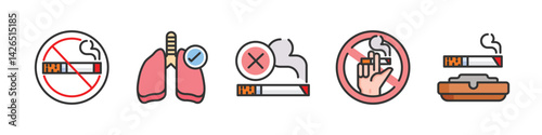 No smoking icon set with stop sign, text, lungs, cigarette and tobacco. Editable stroke and flat vector isolated on white background.