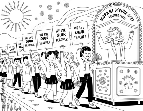 A black and white illustration depicts a group of children in school uniforms marching and holding signs that read "We love our teacher