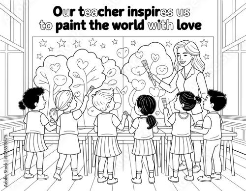 A black and white illustration of a classroom scene