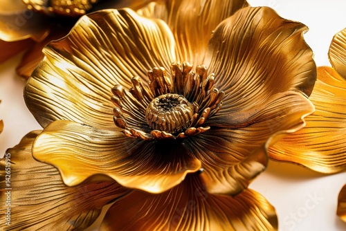 A stunning close-up of a golden metallic flower with intricate petals, showcasing elegance and artistic craftsmanship.
