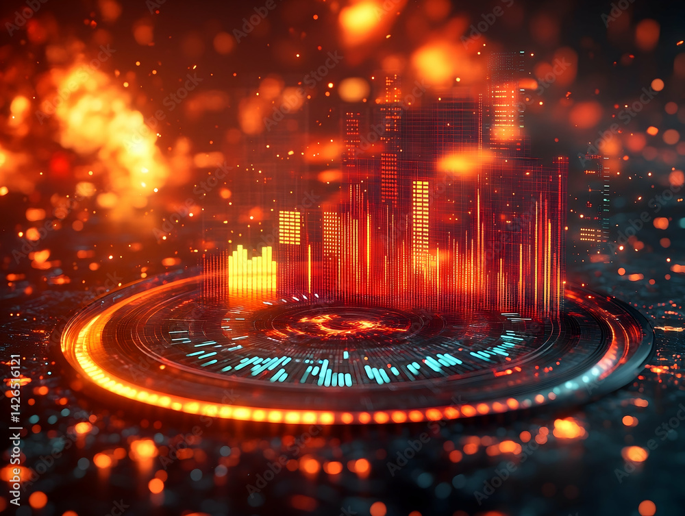 Abstract cityscape on a circular platform with an orange and blue glow blurred background Abstract cityscape on a circular platform with an orange and blue glow blurred background
