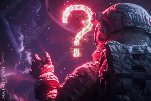 An astronaut in space gesturing towards a glowing question mark, symbolizing cosmic exploration and curiosity in the universe.
