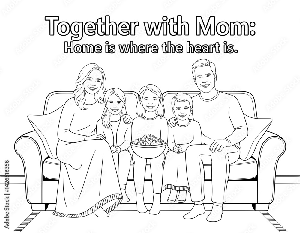 Obraz premium A heartwarming black and white line drawing of a family of four (mom, dad, and two children) sitting on a couch, seemingly enjoying a movie night with popcorn