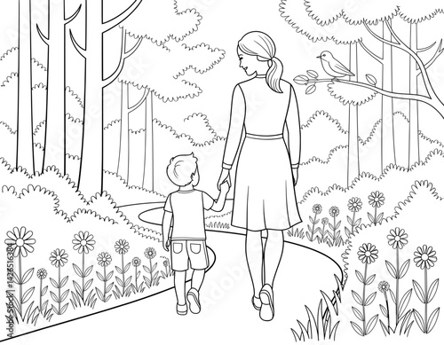 A heartwarming black and white illustration of a mother and son walking along a path in a serene forest