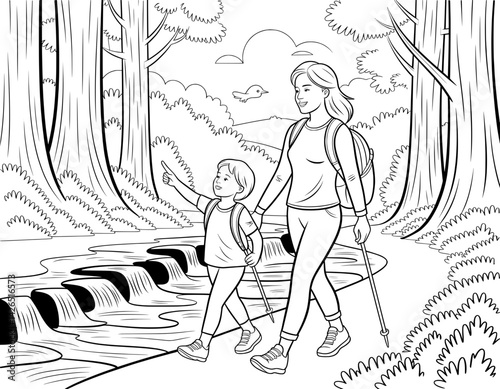 A heartwarming black and white coloring page featuring a mother and child hiking through a serene forest