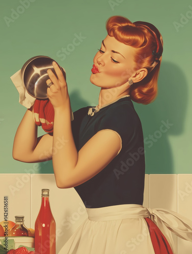 Retro housewife tasting from mixing bowl in kitchen. Pin-up style illustration with green background. Vintage cooking concept. Design for poster, banner, postcard, invitation