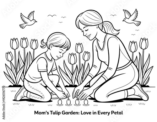 This black and white coloring page showcases a mother and daughter engaged in a loving activity, planting tulips in a garden