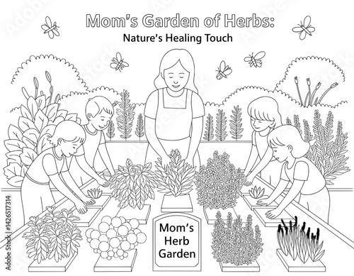 A heartwarming illustration of a mother and her children tending a herb garden
