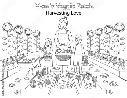 A heartwarming illustration of a mother and her children harvesting vegetables in a vibrant garden