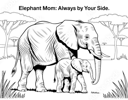 A heartwarming, detailed line drawing of an elephant mom and her calf in a serene African savanna landscape