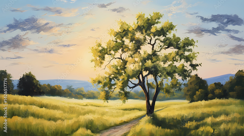 Fototapeta premium solitary oak tree in a meadow under the summer setting sun oil painting abstract decorative painting