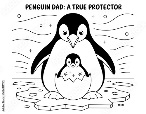 A heartwarming black and white illustration of a penguin dad and his chick emerging from an egg on a frozen landscape