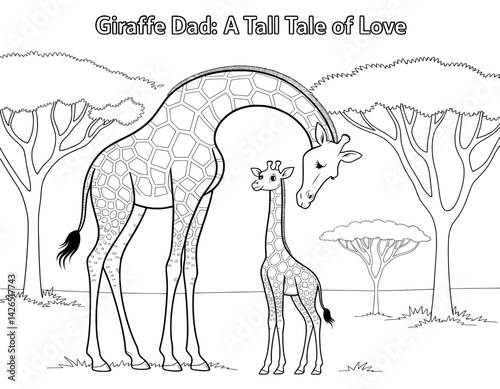 A heartwarming black and white coloring page featuring a giraffe dad and his baby giraffe in a savanna setting