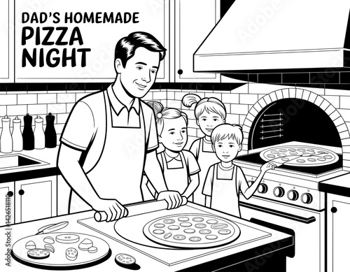 A heartwarming scene of a dad and his children preparing pizza in a kitchen