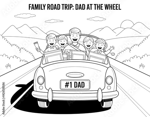 A black and white coloring page depicting a happy family on a road trip