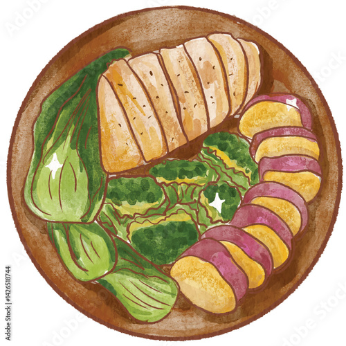 Illustration of clean food: chicken breast, sweet potato, broccoli, kale