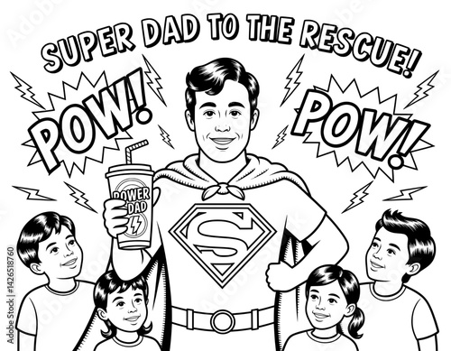 This black and white comic-style illustration depicts a superhero dad, ready to save the day