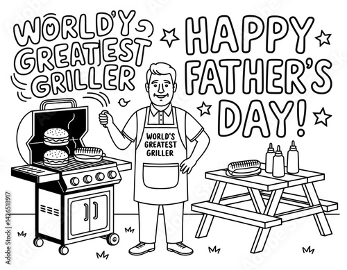 A black and white coloring page design featuring a man dressed as "World's Greatest Griller" preparing food on a grill