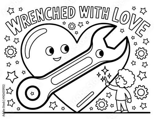 A whimsical coloring page featuring a cartoon heart with a giant wrench, representing "wrenching with love
