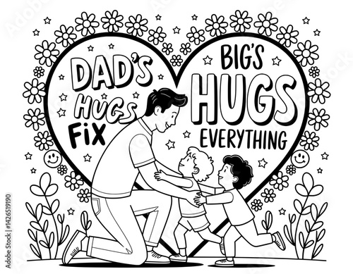 A heartwarming coloring page featuring a dad embracing his children
