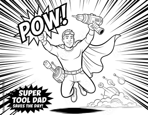A humorous, comic book-style illustration of a superhero dad, equipped with tools and a cape, soaring through the air