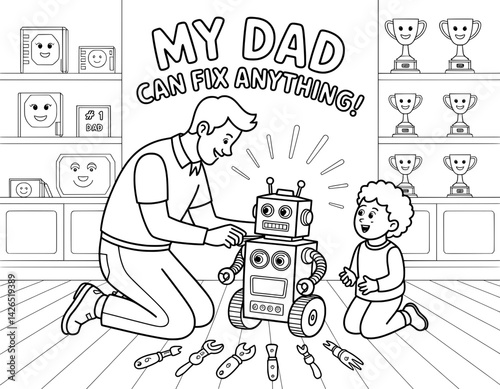 A heartwarming, black and white coloring page illustration of a father and son repairing a robot