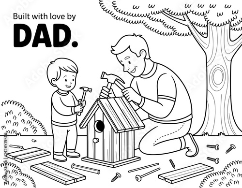 A heartwarming black and white coloring page featuring a father and son building a birdhouse together outdoors