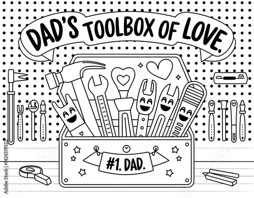 A black and white illustration of a toolbox overflowing with various cartoon tools, each with a happy expression