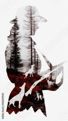 Double Exposure Art Illustrating Connection Between Hunter and Nature in a Surreal Landscape